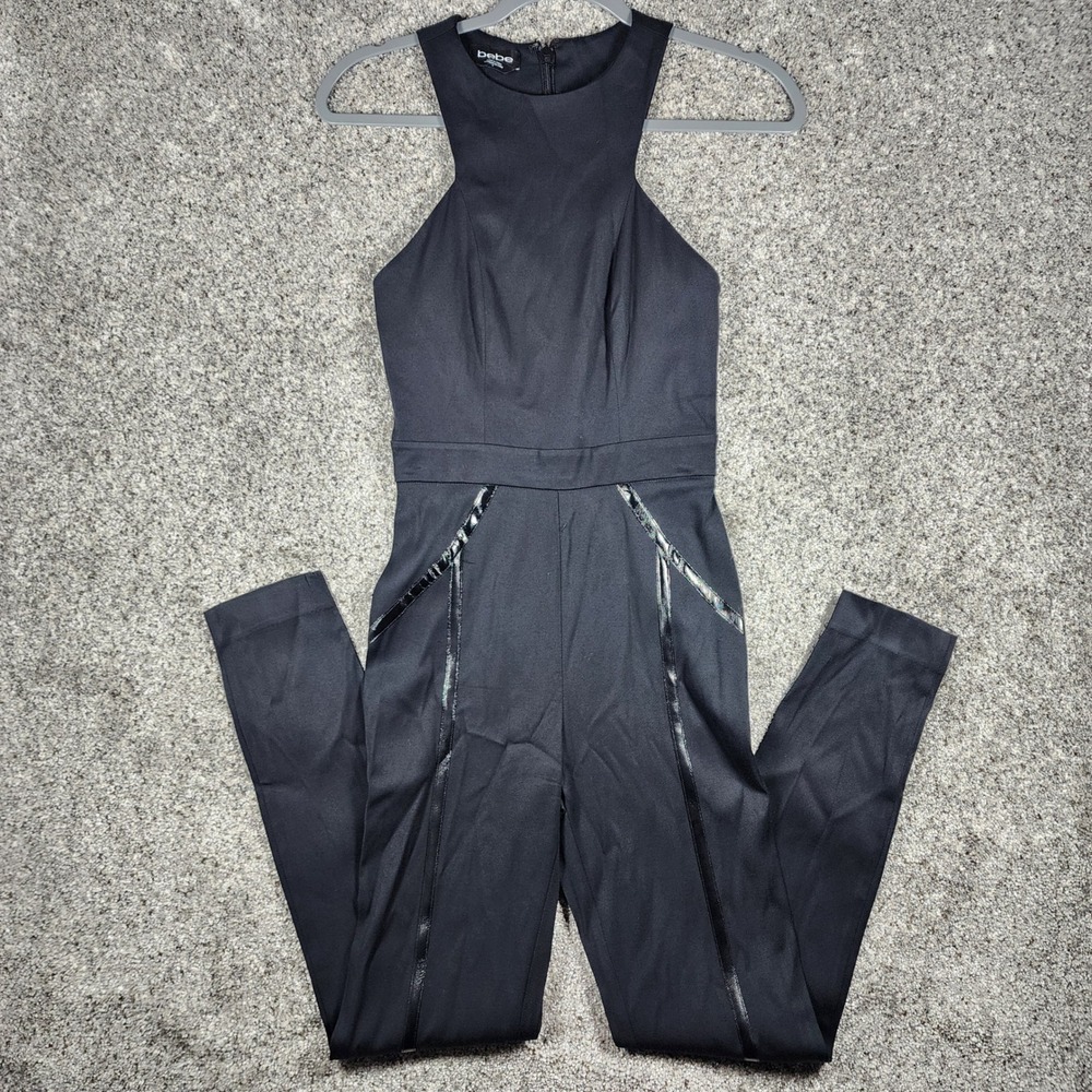 bebe Jumpsuit Womens 0 Black Halter Faux Leather Trim 30CGD101-V975 Excellent
